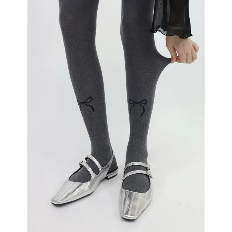 80D Bow Gray Velvet Seamless Pantyhose Bottoming Socks Thick Footed Socks Polka Dot Compression Tights Women Stockings Winter