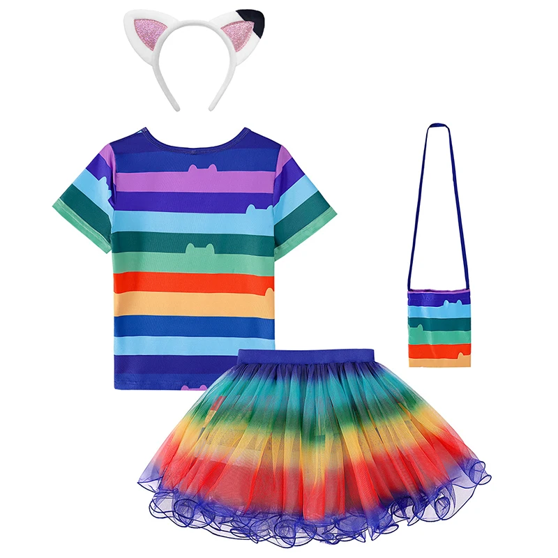 فتاة زي الهالوين 	 غابي الكرتون القط تي شيرت مطبوع + تنورة + حقيبة + رباط شعر مجموعات دمية كرنفال حفلة تأثيري زي تنكري لفتاة