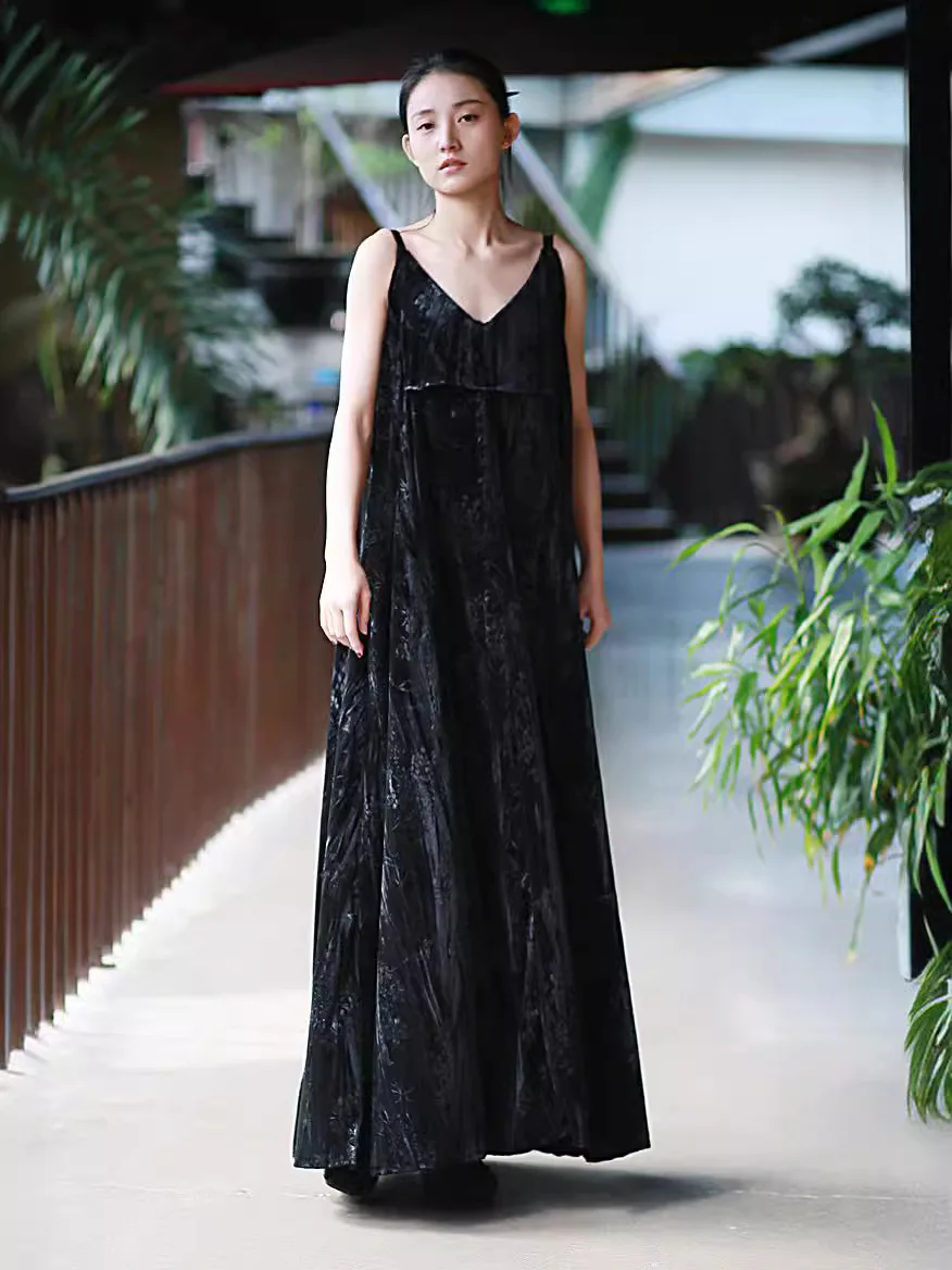 TIYIHAILEY verano primavera mujer vestido sin mangas largo Maxi señoras Vintage cintura alta 2025 nuevo negro impreso Correa negro