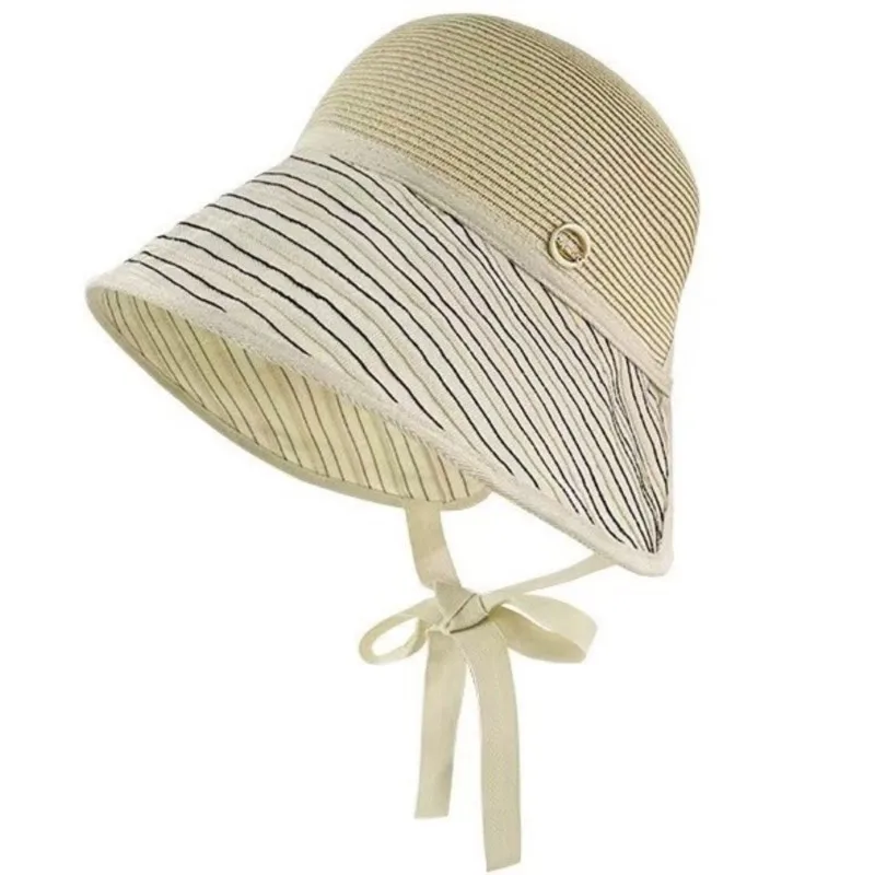 Ladies' striped wide-brimmed sunshade hat beige fabric fisherman's woven outdoor cycling