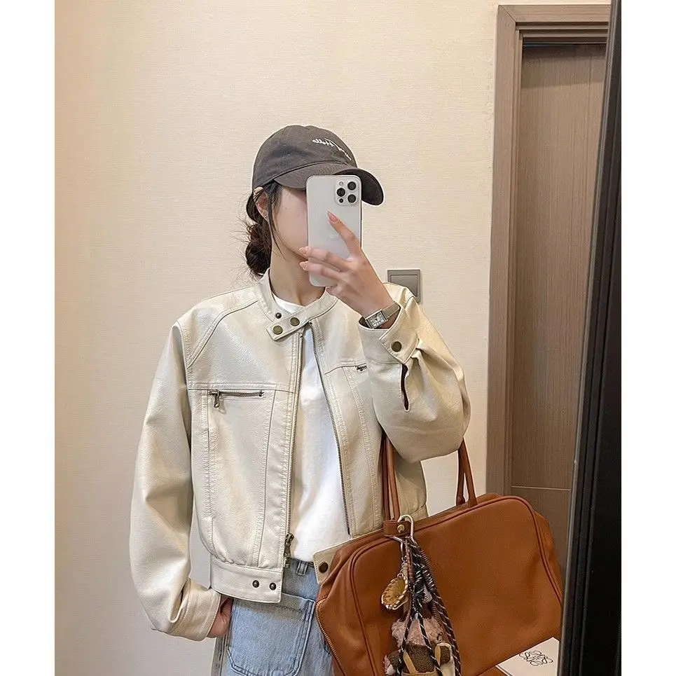 

Fashion Leather Coat Female 2026 Spring Autumn New Western-style Overwear Short Retro Outwear Collar Leather Jacket Women's Top