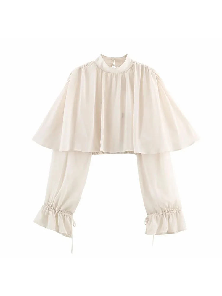 

Women Autumn Winter New Elegant Ruffled Blouse Long Sleeve High Neck Lamination Top White Loose Fit Casual Party Fashion Shirt