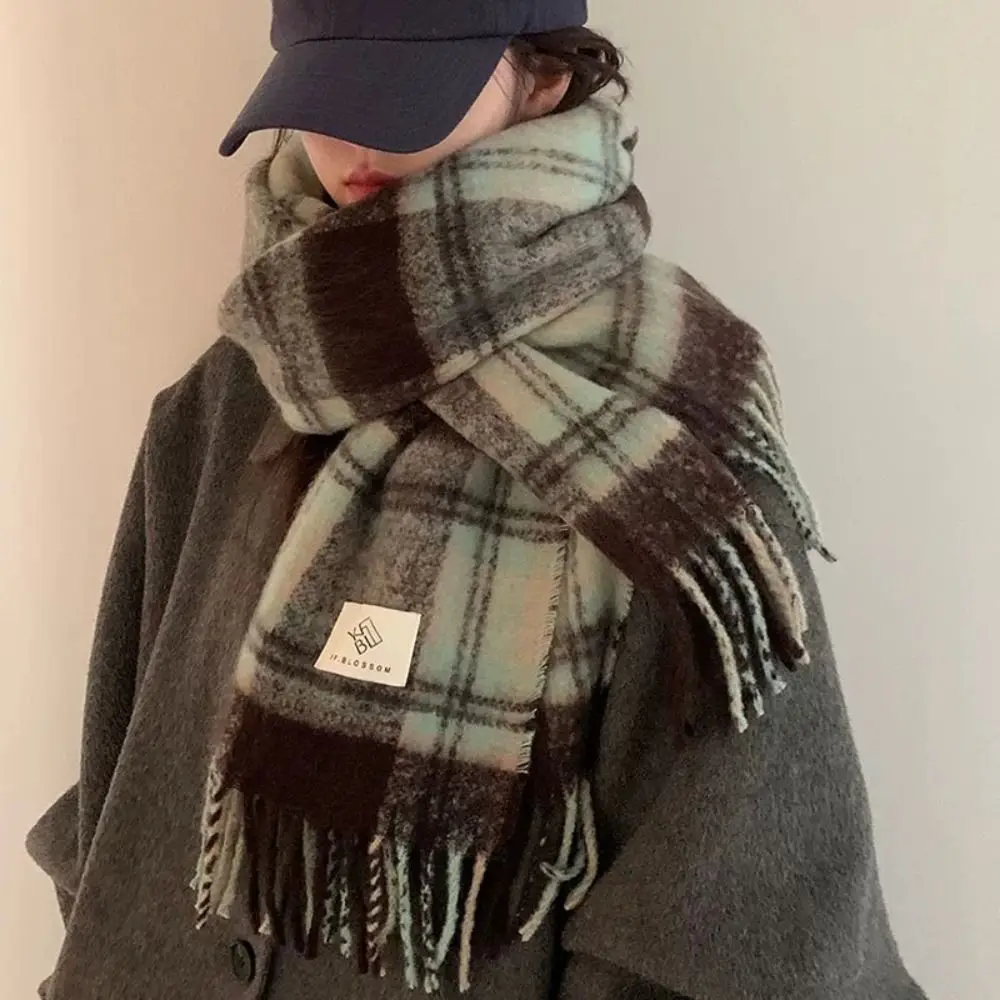 

Classic Tassel Mint Chocolate Color Plaid Scarf Plush Colour Matching Long Shawl Solid Color Wool Scarves Cape Wraps Women/Men
