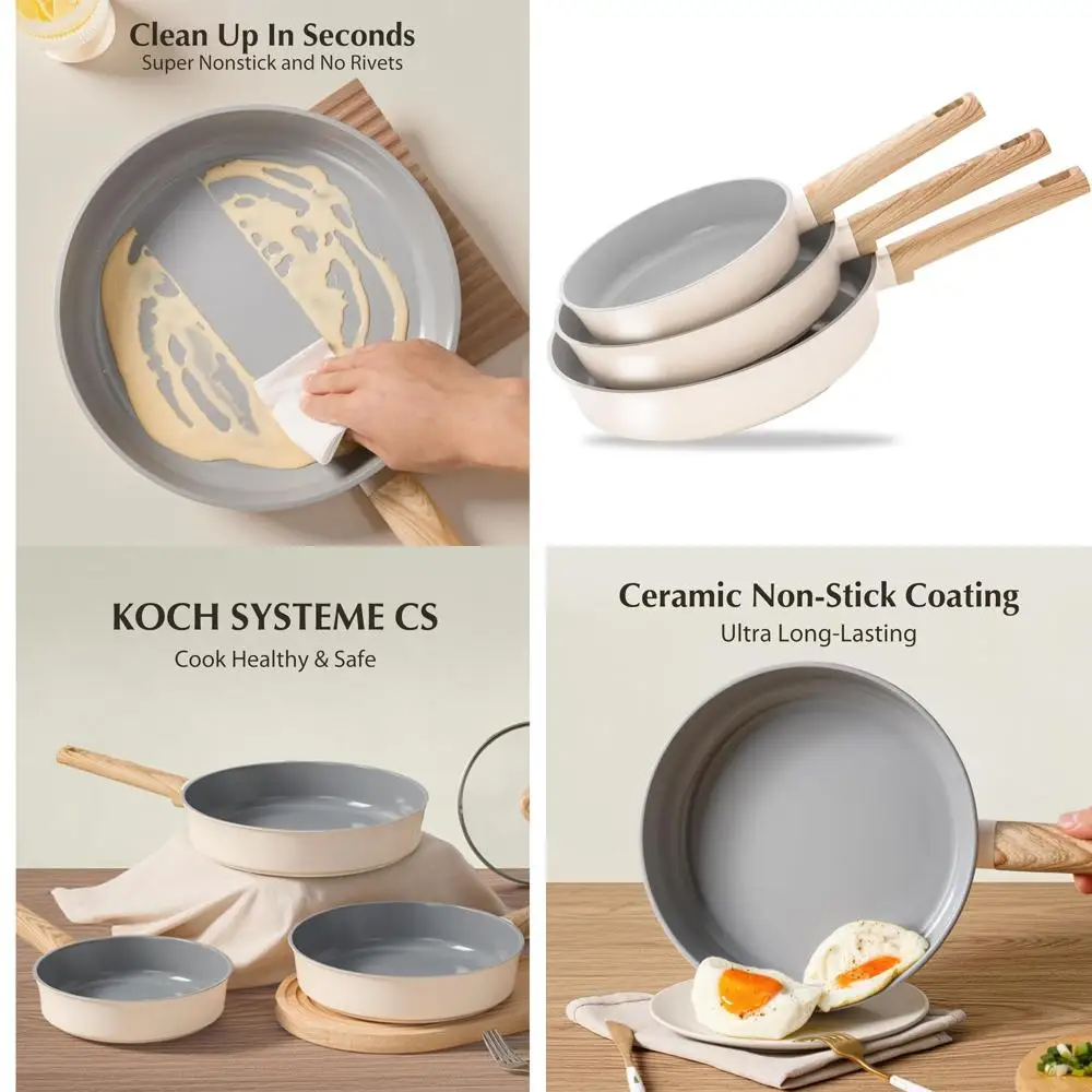 

Набор из 3-х антипригарных сковородок с термостойкими ручками, 8, 9.5, 11 дюймов, нетоксичные, совместимы с индукционными плитами, можно мыть в посудомоечной машине, цвет кремовый