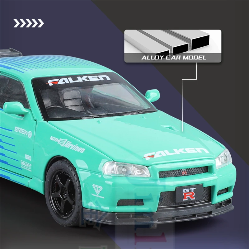 1:32 Nissan Skyline Ares GTR R34 Alloy Sports Car Model Diecasts Metal Track Race Car Model Simulation Sound Light Kids Toy Gift