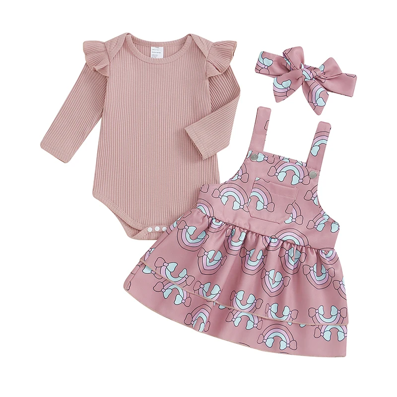 

Baby Girls 3PCS Skirt Sets Flying Sleeve Romper Rainbow Print Suspender Dress Headband Sets