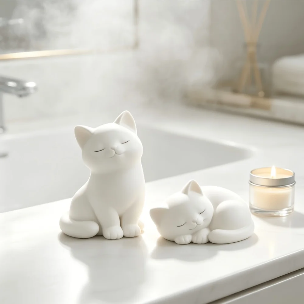 Sitting & Sleeping Twin Kitten Statue, Healing Sculpture, Aesthetic Tabletop Decor for Bedroom & Coffee Table