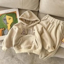 New Winter Thick Keep Warm Boys Clothing Set Lined With Velvet Letter ABC Hoodies +Pants 2Pcs Outfit For Kids Children Outfit