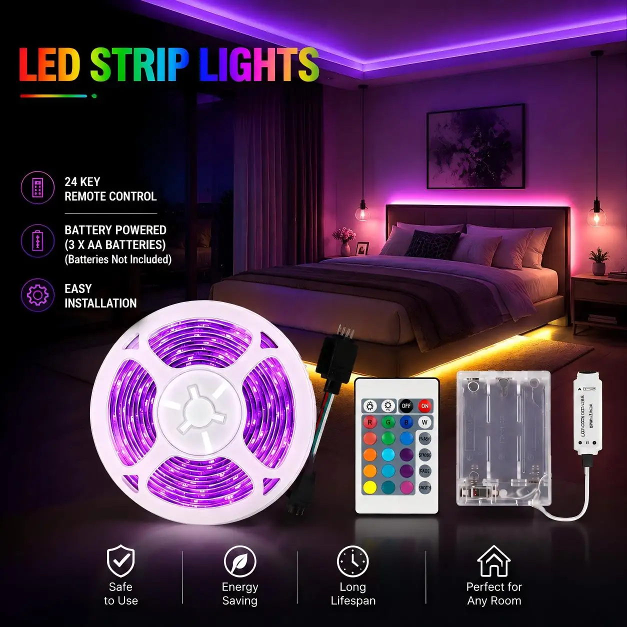 Indoor RGB LED light strip, battery powered (batteries not included). Suitable for room decor, parties, and Christmas decoration