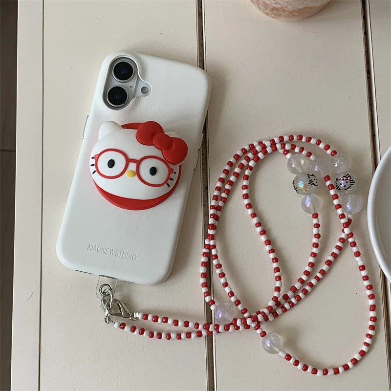 

Fashion Simple White Magnetic Phone Case For iPhone 17 Pro 16 15 14 Pro Max Cover with Hellokitty Stand Lanyard Chain Cartoon Ca