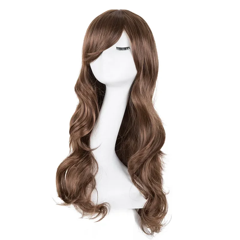 Curly Wigs Synthetic Heat Resistant Fiber Long Light Brown Hair Salon Inclined Bangs Hairpiece Costume Cos-play Hairset