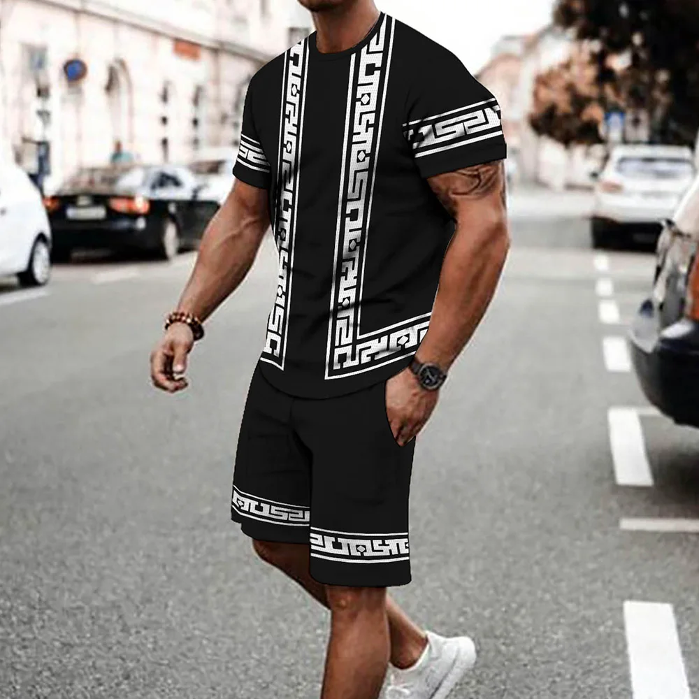 

Summer Men's Plus Size Loose T-Shirt Drawstring Shorts 2 Piece Set Casual 3D Printed Crew Neck Short Sleeve T-Shirt Beach Shorts