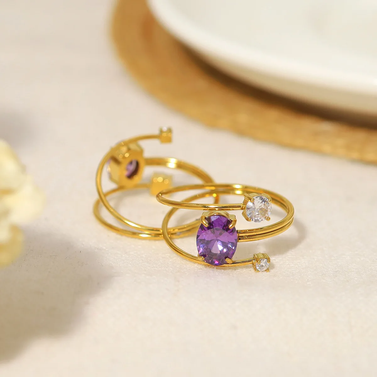 Elegant Jewelry 18K Gold Plated Stainless Steel Adjustable Stack Designed Cubic Zirconia Amethyst Purple Ring for Women