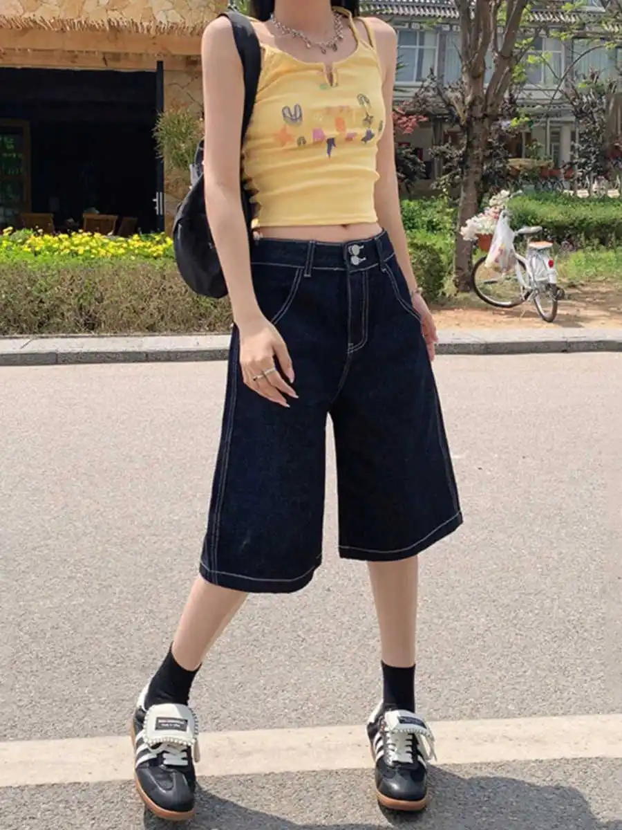Summer Black Knee-Length Denim Pants Women Fashion High Waist Straight Casual Mid Jeans 2025 Simple Lady Short Pant