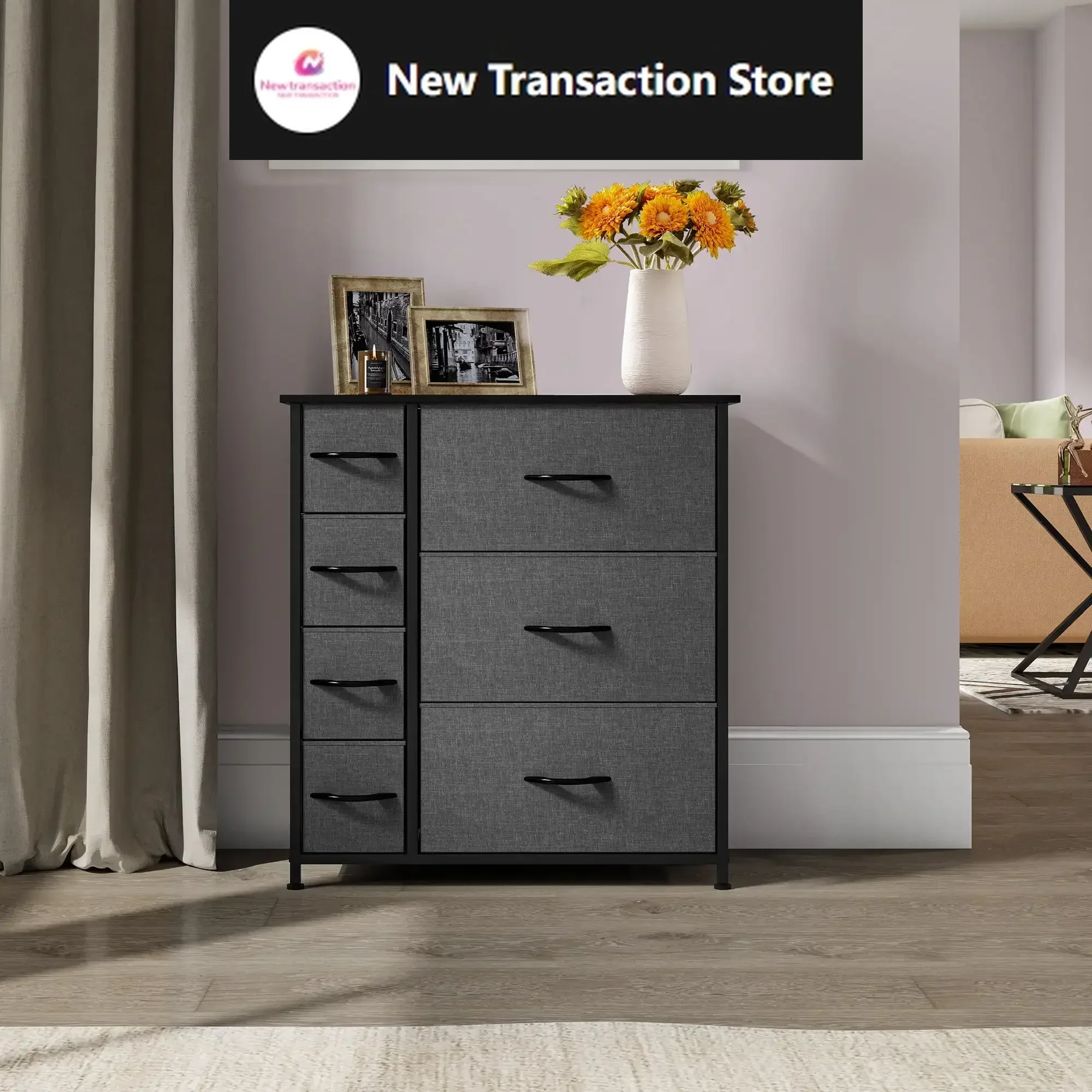 

7 Drawers High Dresser Bedroom Living Room Storage Tower Organizer, Black Grey