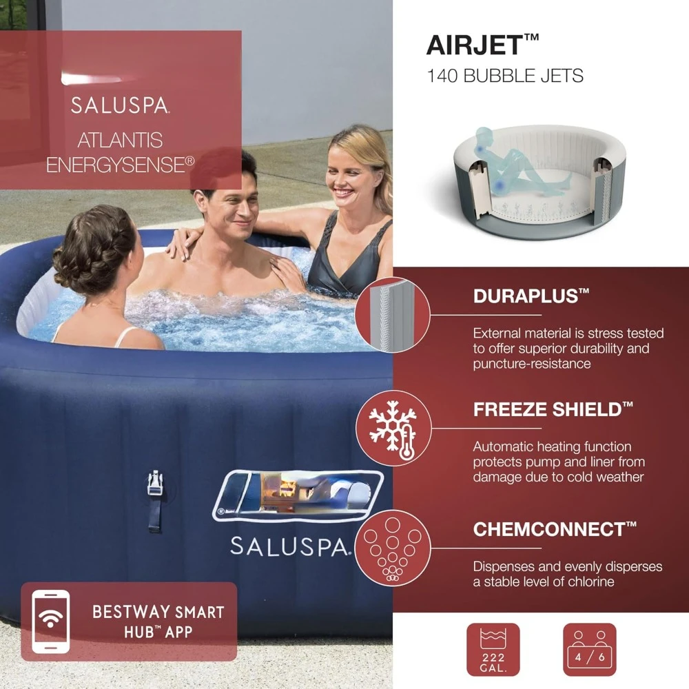 Inflatable Hot Tub Portable Outdoor Spa with 140 AirJets and EnergySense Cover, Hot Water Bathtub