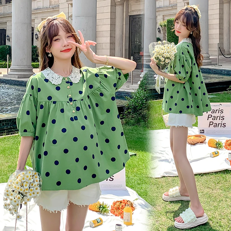 

Sweet Lace Peter Pan Collar Maternity Polka Dot Shirts Plus Size Pregnant Woman Clothes Long Loose Green Pregnancy Blouses Tops