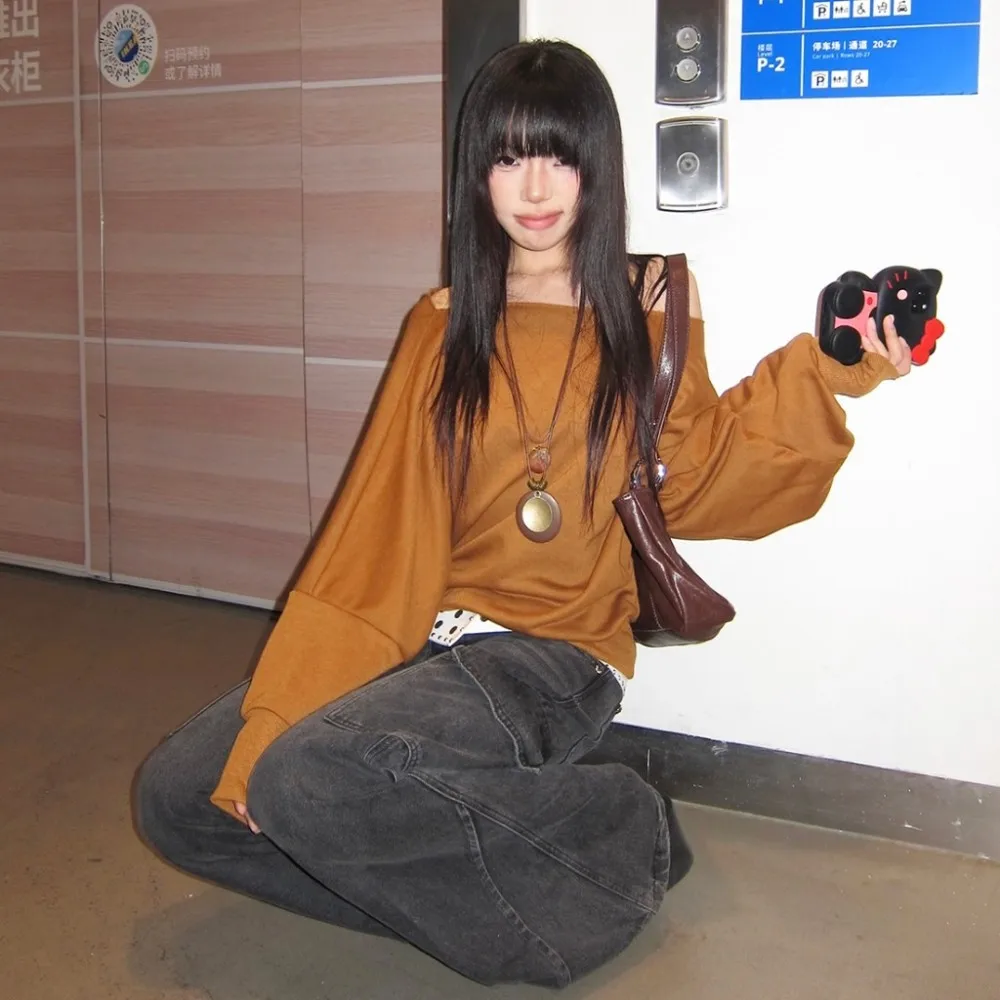 

SylCue, осенние новые стильные мешковатые футболки, женские косой воротник с открытыми плечами и длинными рукавами, уличная повседневная простая модная классическая одежда