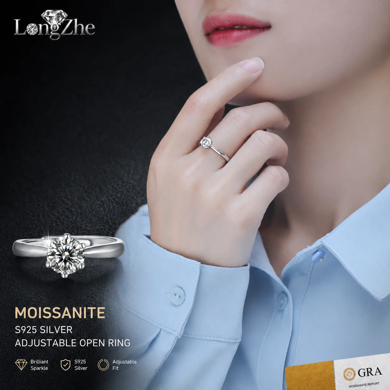 

Adjustable Open Moissanite Ring for Women 0.5CT 1CT 2CT 3CT Round Cut Six Prong S925 Sterling Silver Gift Jewelry