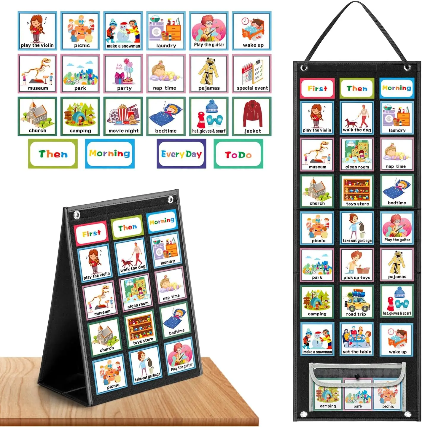 Large Black Visual Schedule Chart with 92 Pcs Cards Daily Schedule Board for Home Visual Behavioral Routine Chore Reward Chart