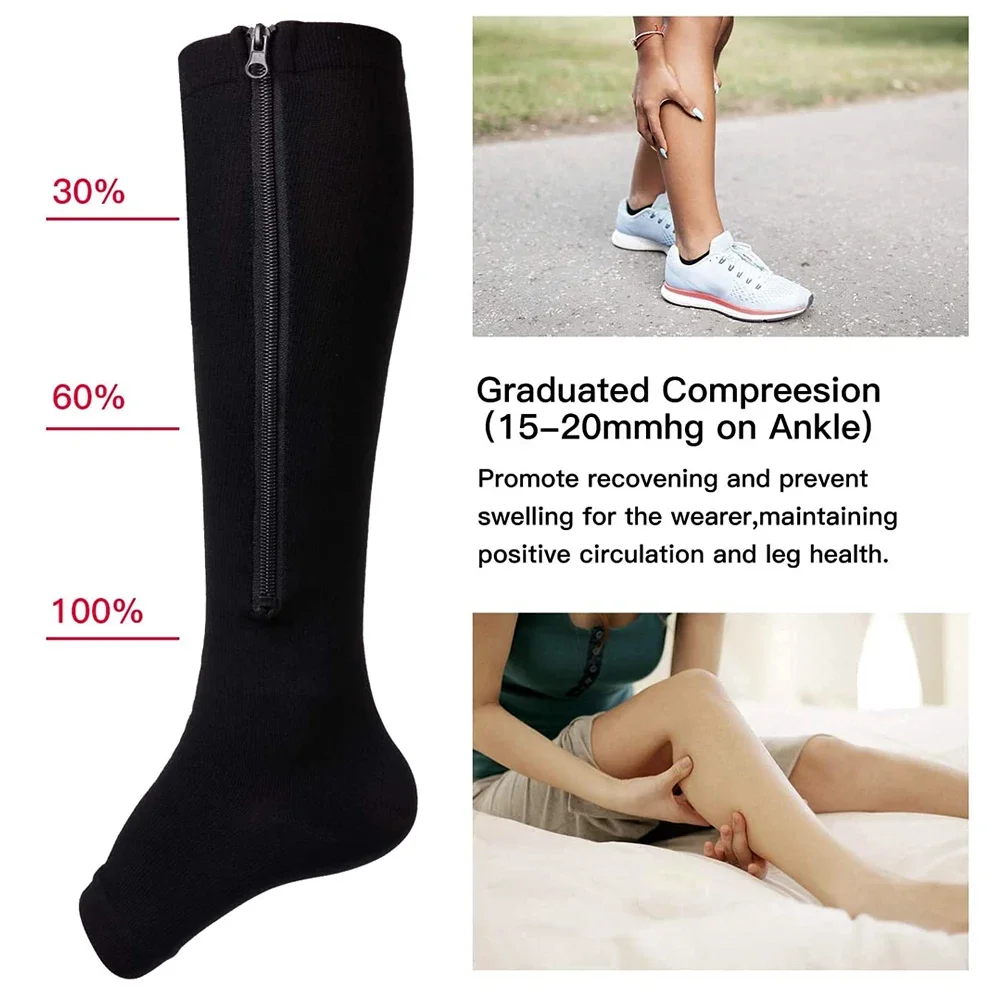 1 paire de chaussettes de Compression à fermeture éclair, chaussettes de Compression hautes 15-20 mmHg pour hommes et femmes, chaussettes de soutien des orteils fermés pour l'œdème