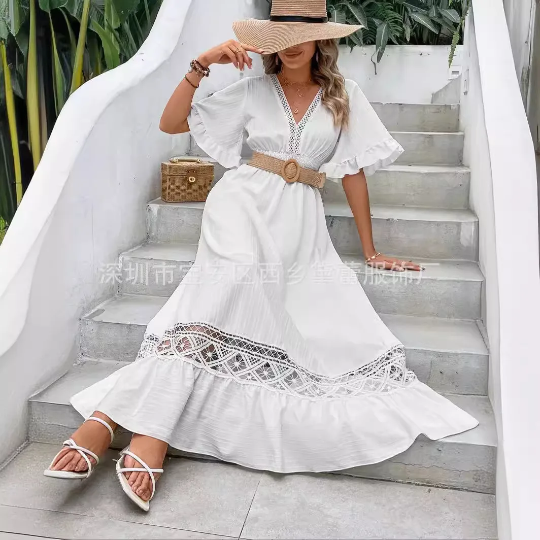 

2025 Boho White Lace Women Dresses Short Sleeve V Neck Long Dresses Ladies Elegant Casual Loose Hollow Out Beach Pleated Dress