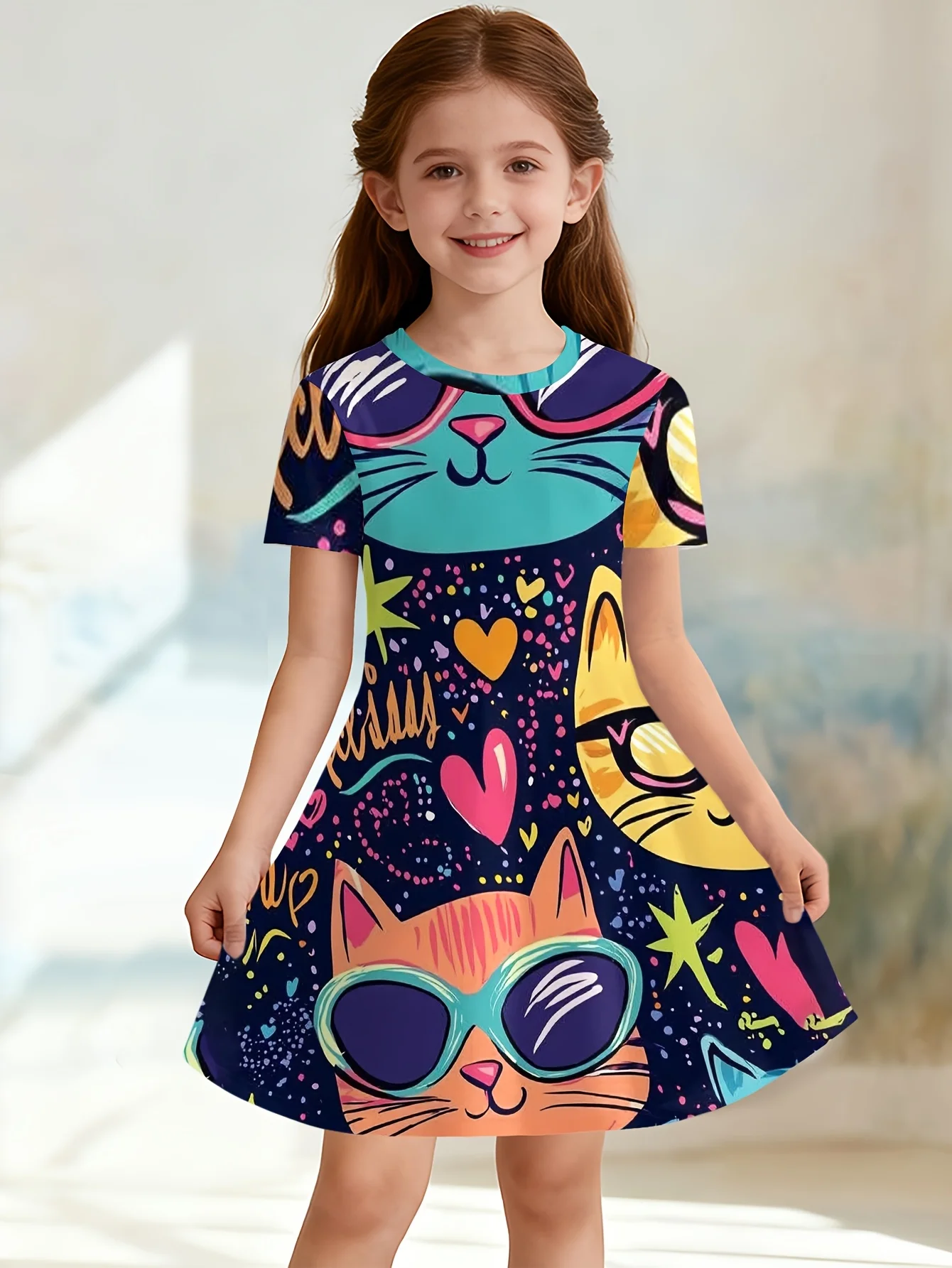 Kids Girls Graffiti Cat Swing Dress, Dark Background Cool Kitten & Hearts Full Print Short Sleeve Dress for Birthday Outfit