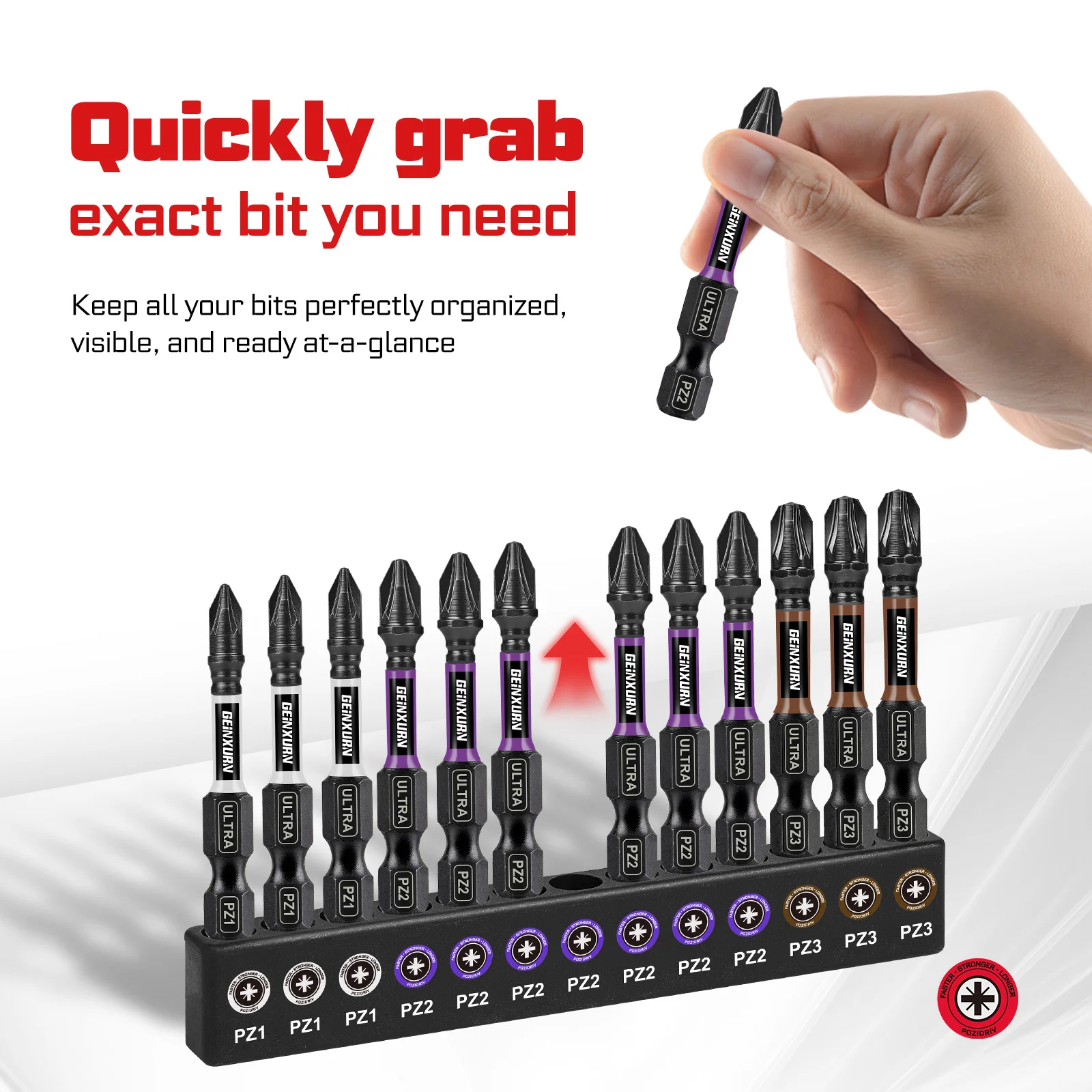 Geinxurn Impact  Pozidriv  Screwdriver Bits Set(PZ1/2/3), 2'' Magnetic S2 Steel Bits Set and Impact Bit Holder with Color Coded