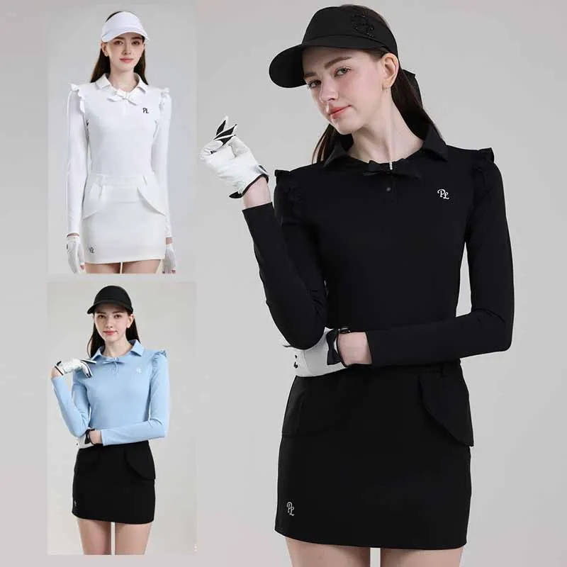 PL New Golf Clothing Bow Collar Long Sleeve Top Women Ruffle Slim Golf Polo Shirt Ladies A-lined Pencil Skirt Golf Sports Skorts