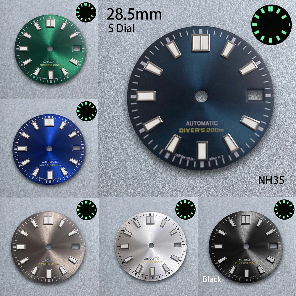 

28.5mm S Logo Sunburst Dial Fit NH35/NH36 Japanese Movement Green Luminous Diving High-Quality Watch Modification Accessories