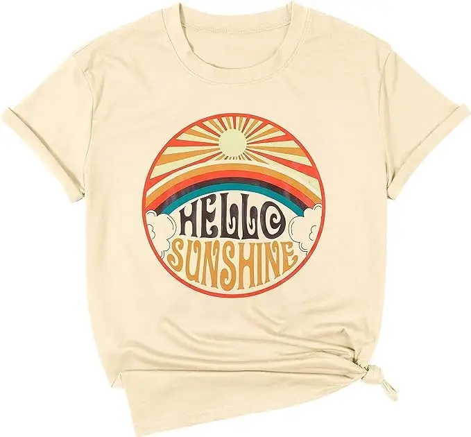 

Here Comes The Sun Shirts for Women Sunshine Graphic Tees Sunrise Beach Vacation Tshirts Funny Cute Letter Print Casual Tops