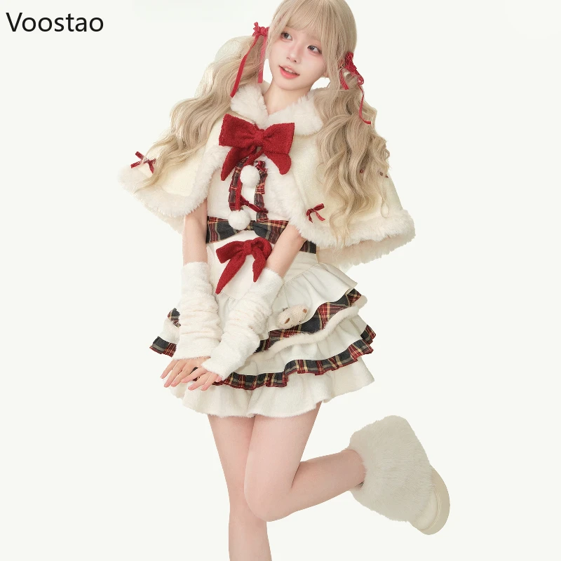 Autumn Winter Sweet Lolita 3 Piece Set Women Christmas New Year Cake Dress Cute Cloak Oversleeve Female Kawaii Harajuku Outfits