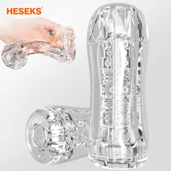 HESEKS Manual Sucking Extrusion Male Masturbators Transparent Pocket Pussy Stroker Vagina Textured Blowjob Sex Toys for Men 18+