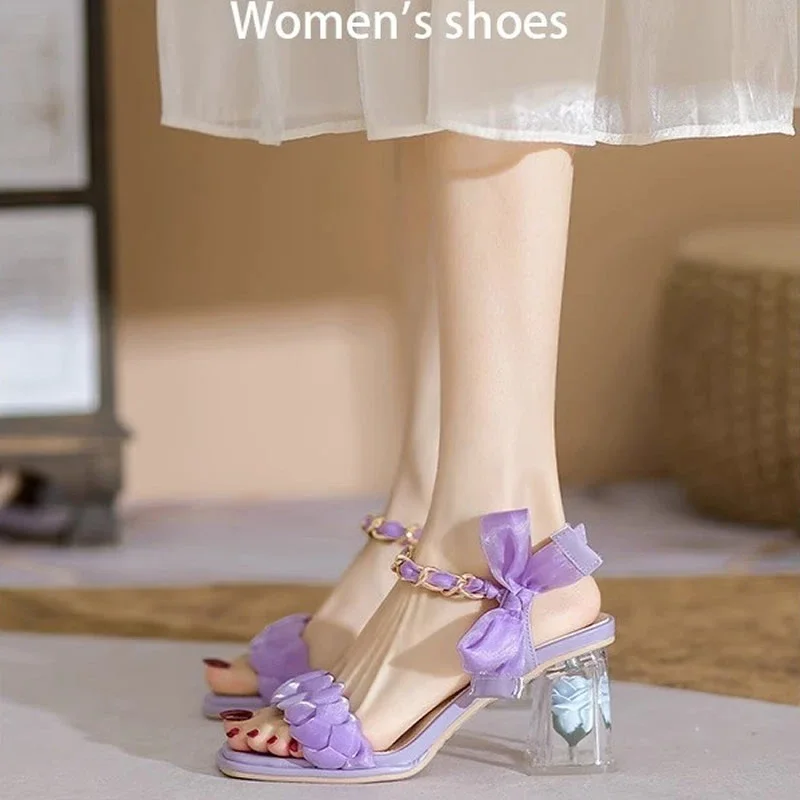 2024 Summer New Fashion High Heel Sandals Female Elegant Wedding Shoes Open Toed Bow Buckle Sandals Female Zapatos De Mujer