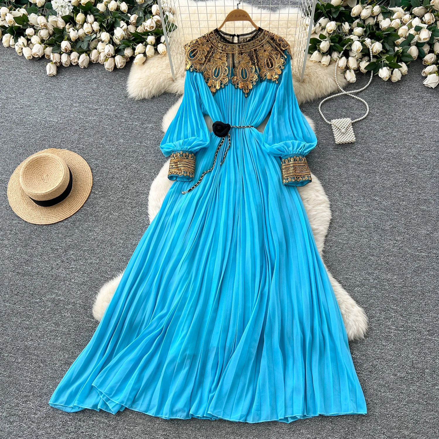 Schicke Vintage-Pailletten mit langen Ärmeln, gespleißt, solide koreanische Mode, Damenbekleidung, Kleid, Zeremonienkleider