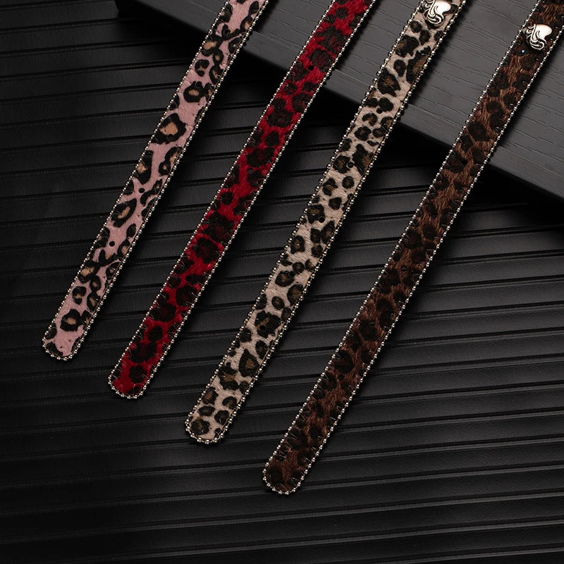 Maillard leopard print leather vintage choker with rose flower, heart, and Roman rivets, a fashionable sweet and cool style neck