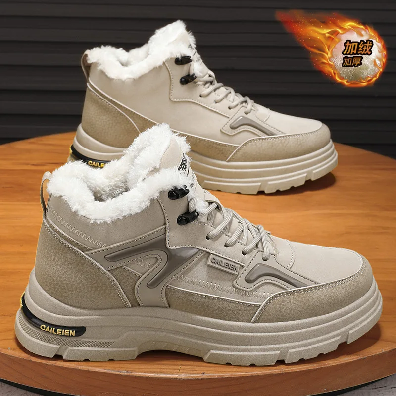 Men's Winter Fleece High-Top Boots Thick-Sole Warm Cotton Work Ankle Shoes Versatile Trendy Footwear