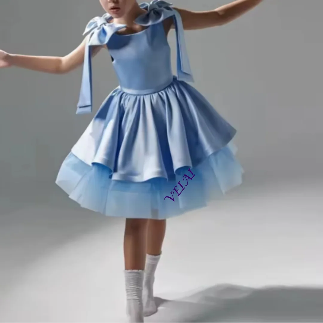 Customized Blue Flower Girl Dress for Wedding Bow Sleeveless Knee Length High Waist Elegant Kids Birthday First Communion Gown