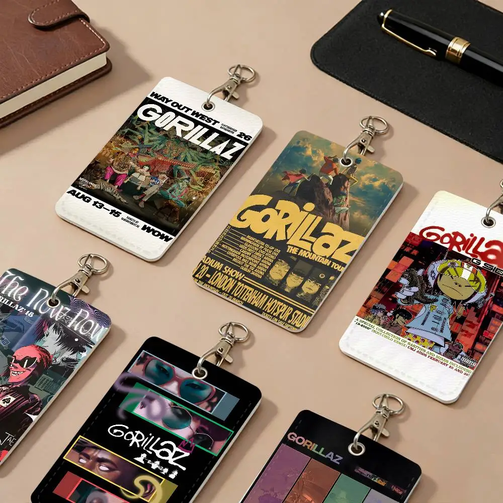 Retro Music Gorillaz Kartenhalter aus PU-Leder, Anti-Verlust-Schutzhülle für Studentenausweise, Campus-Zugangskarten, Schlüsselanhänger