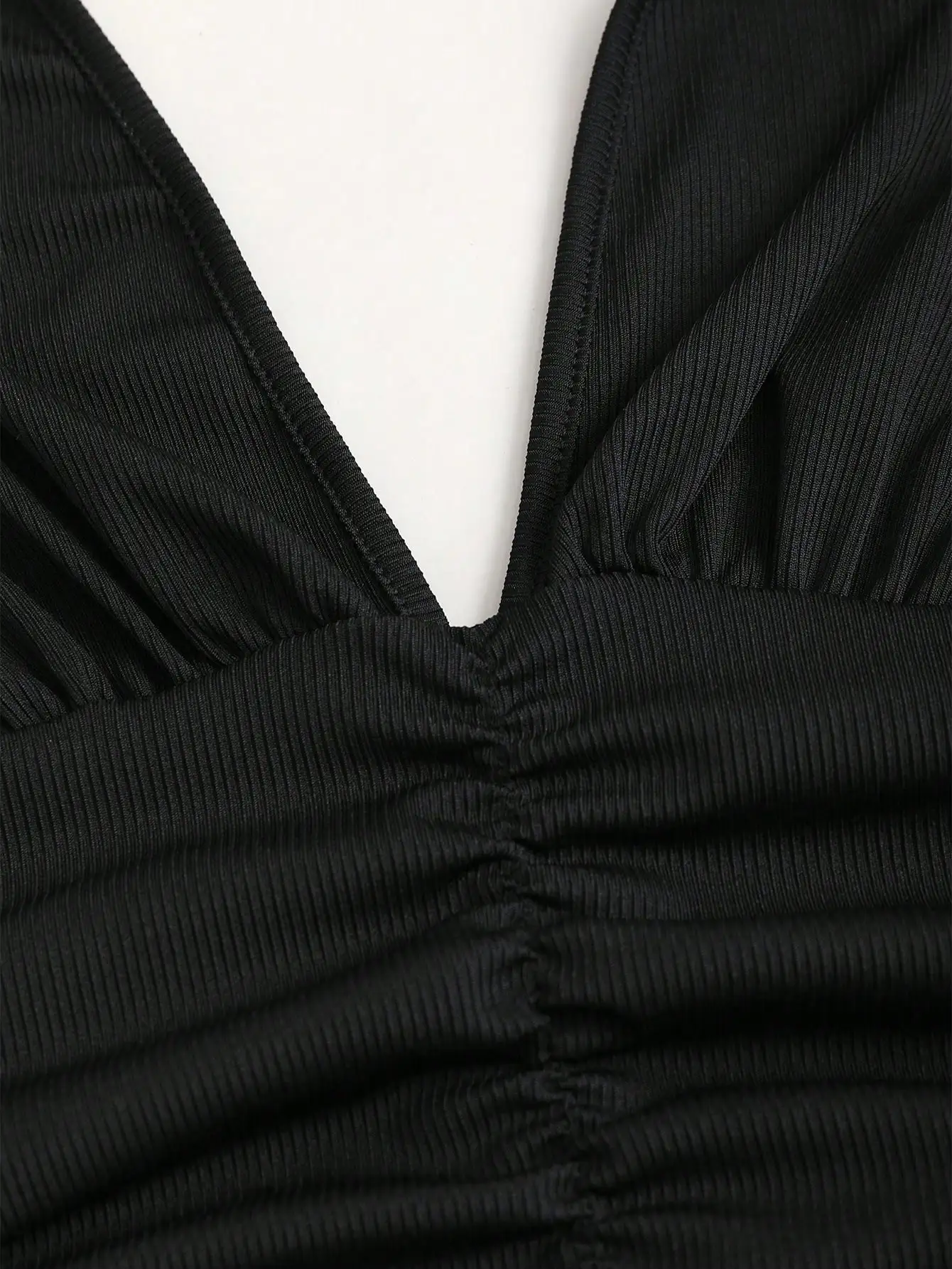 Black Knit & Woven Patchwork V-Neck Ruffle Backless Mini Dress With Ruched Waist, Simple Elegant For Vacation Casual Daily Wear