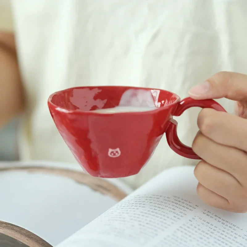 Hand Pinched Irregular Mug Red Macaroon Ceramic Mug Handle Water Cup Coffee Milk Cup Style Interesting Mug Coffee Cup Ornament