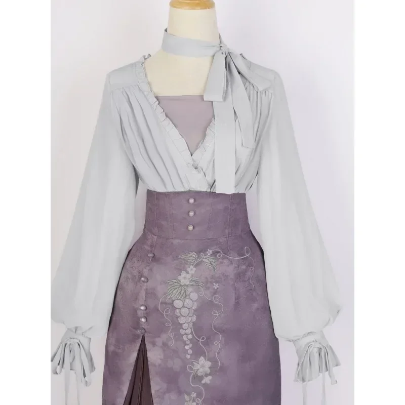 Vestido Hanfu roxo de duas peças para mulheres, estilo chinês melhorado, top de manga lanterna, saia estampada uva, saia doce vintage, outono