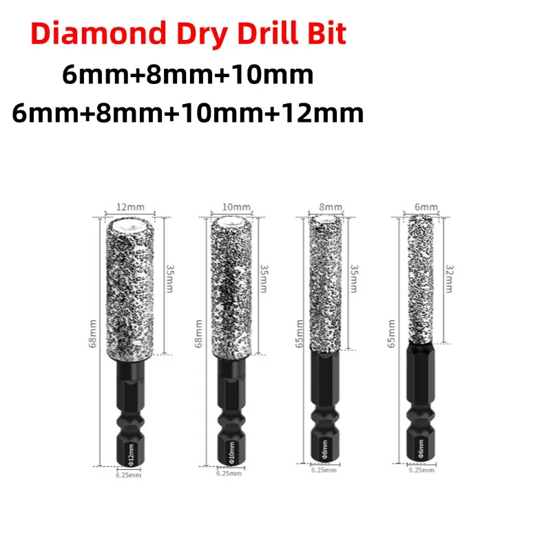 

1pc 6/8/10/12mm Diamond Dry Drill Bit Hexagonal Handle Tile Glass Marble Drilling Special Hole Opener Power Tool Accessories