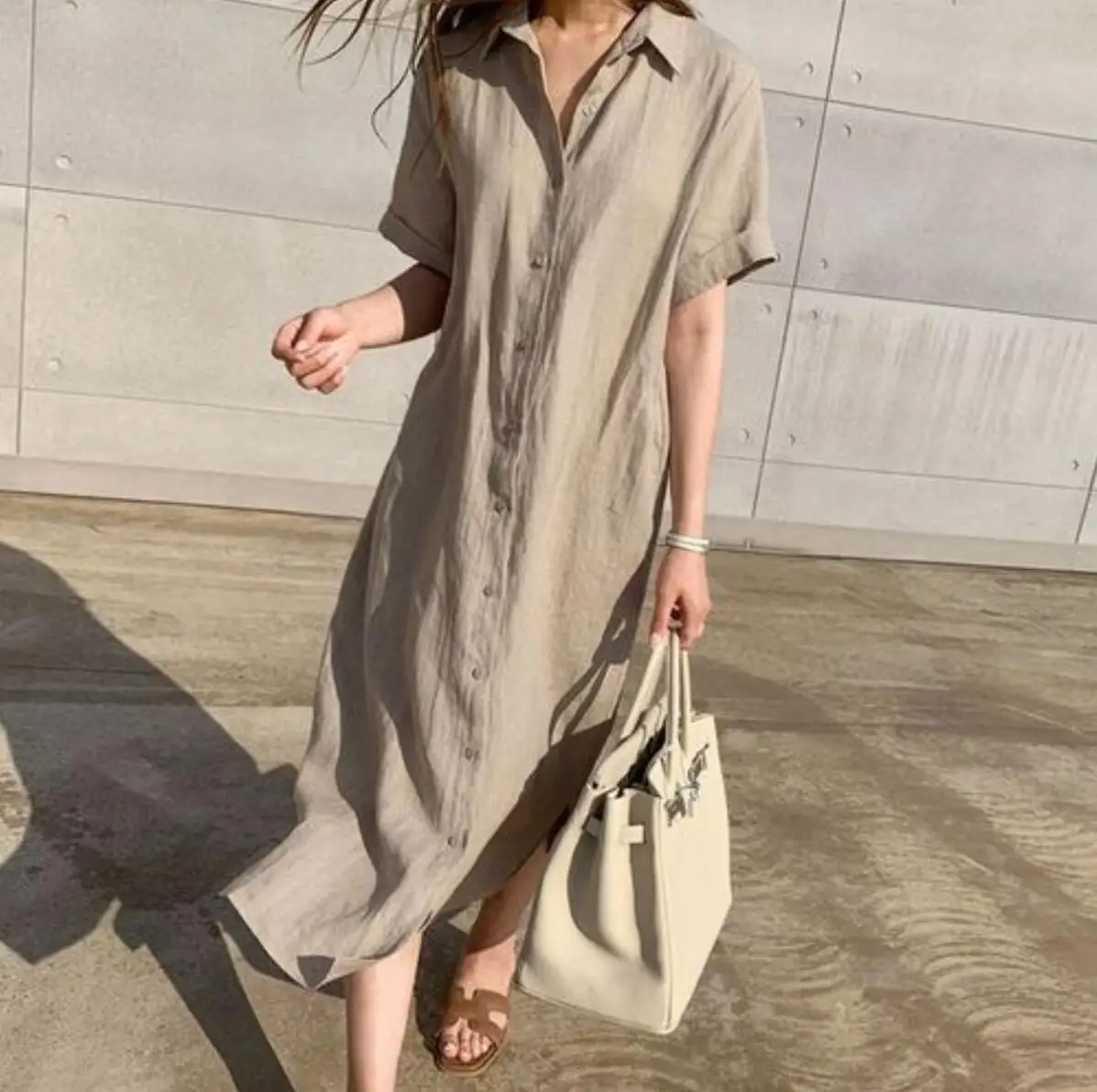 Korean Style Loose Fit Shirt Dress Women's High Waist Short Sleeve Linen Material Tie Waist Button Detail Casual Spring Dress