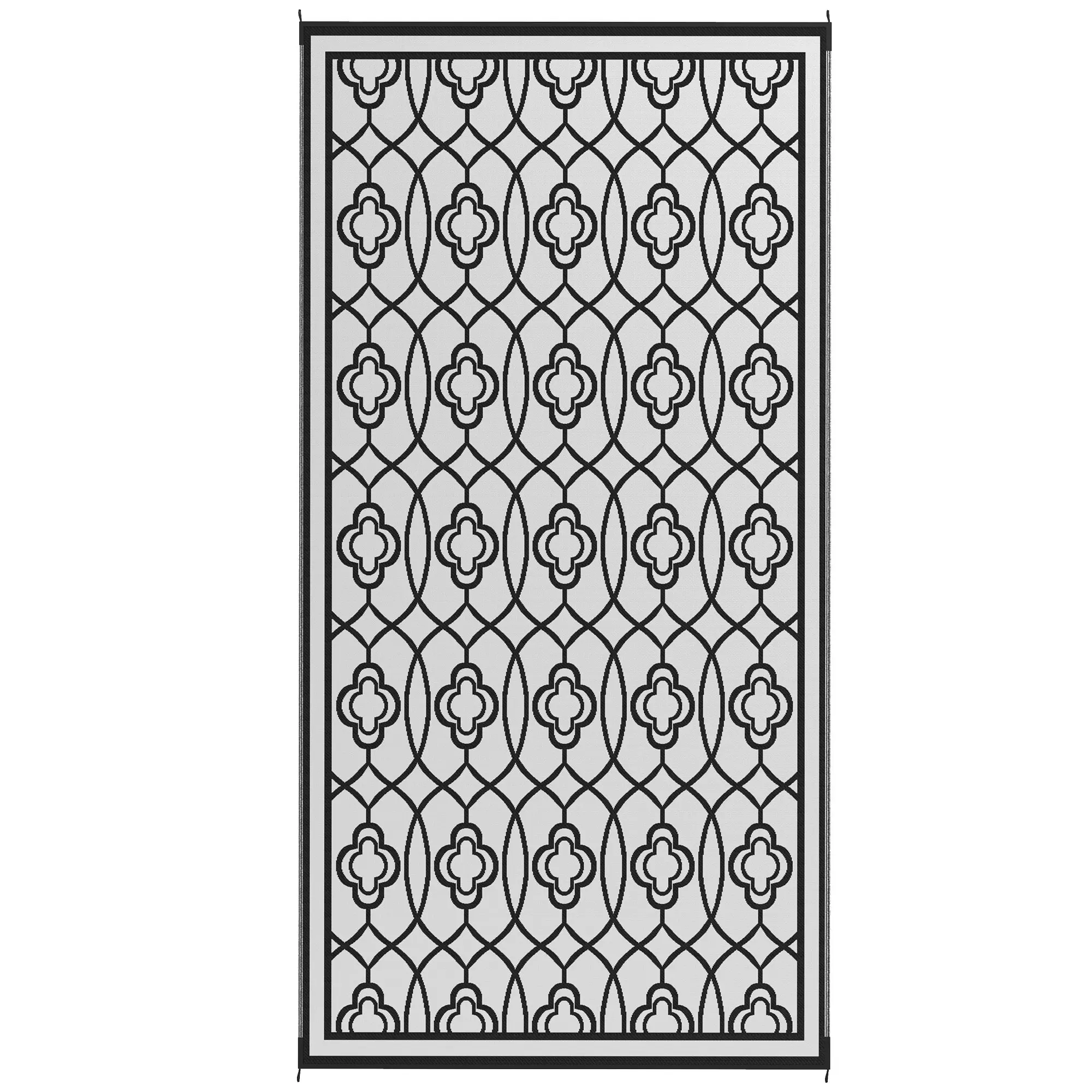 Reversible Outdoor Rug, Waterproof Plastic Straw with Carry Bag, 9' x 18', Black & White Lantern