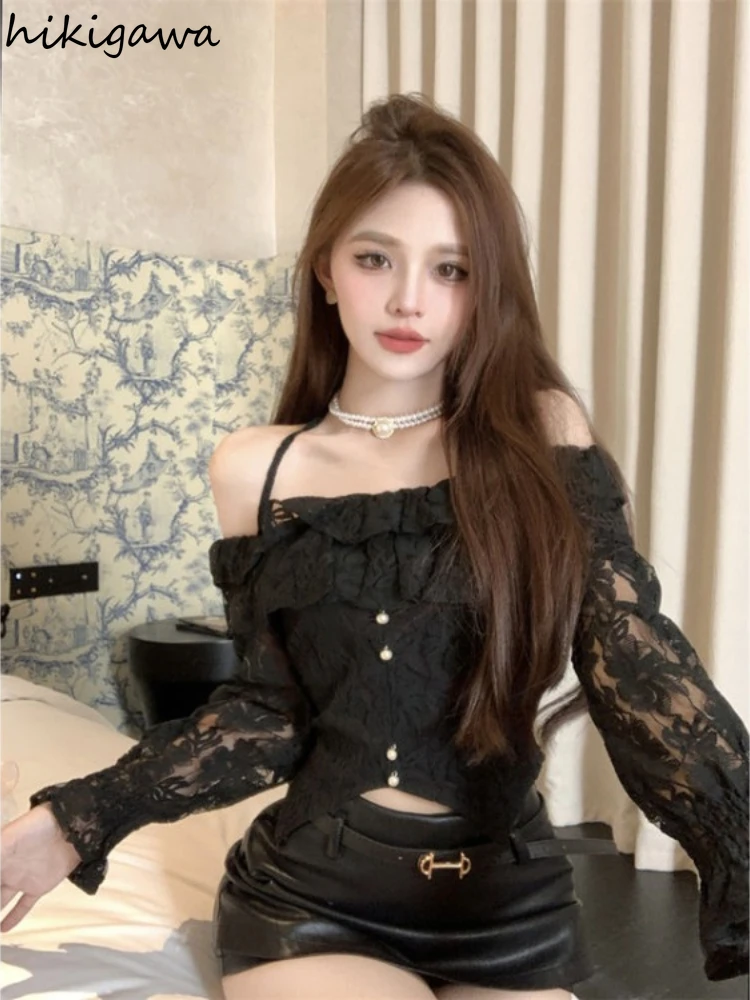 2024 Camisas De Mujer Lace Slash Neck Summer Blouse Women\'s Clothing Flare Sleeve Tunic Hollow Out Shirts Korean Sweet Crop Tops