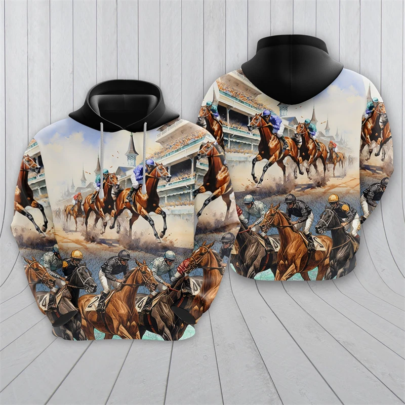 Horse Racing Graphic Hoodies For Men Clothes Race Sweatshirts Fashion Animal Pullovers Casual Boy Streetwear Contest Male Hoody