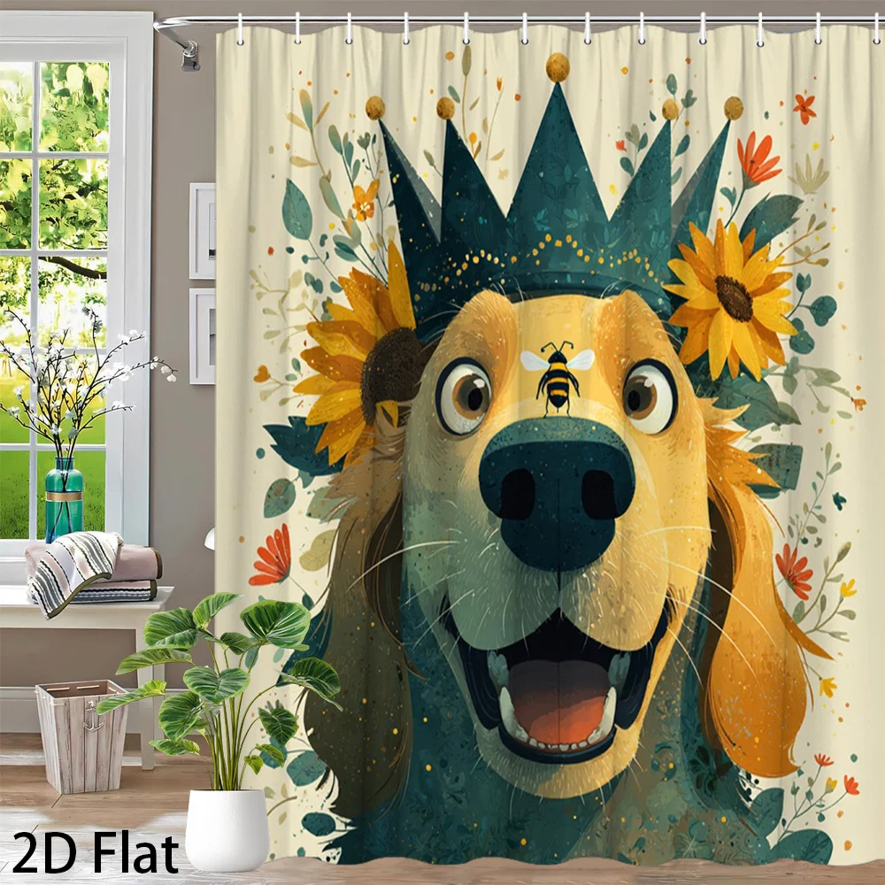 Funny Dog King Floral Crown Shower Curtain Bathroom Decor Cute Golden Retriever Pet Shower Curtain