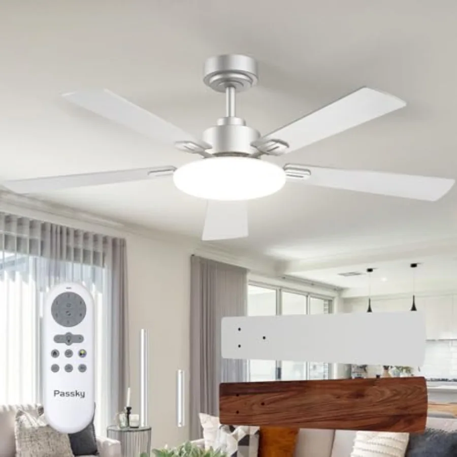 

Ceiling Fans with Lights for Bedroom and Living Room, Silver 52 inch Sleek Fan with Remote, 3CCT Dimmable Reversible Noiseless