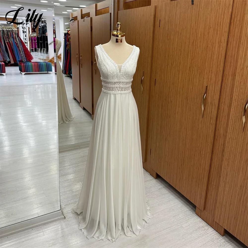 Lily White فستان سهرة V-Neck Lace Prom Dress Sleeveless Chiffion Evening Dresses With Pleats Beading Tank Beach Party Dress